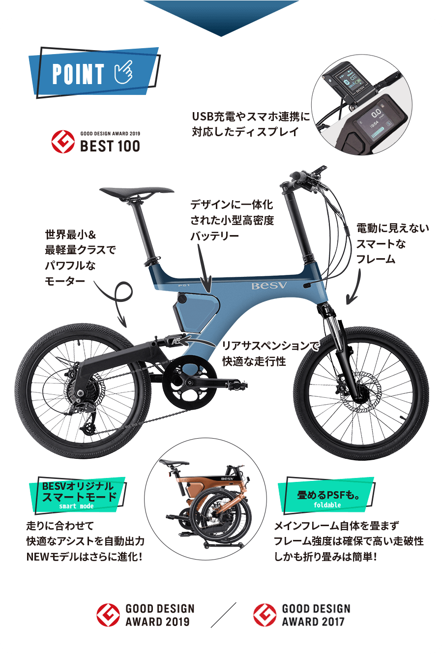 ミニベロや折りたたみなど、選べる高性能モデルのe-Bike「PS